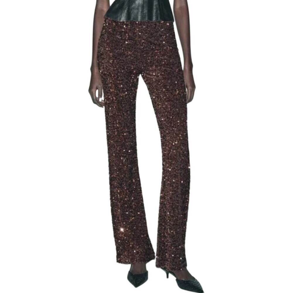 Zara Brown Sequin Flare Pants Elastic Waist Disco Palazzo Wide Leg Size Large